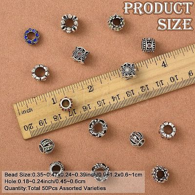 50Pcs 10 Styles Antique Silver Plated Metal Alloy Rhinestone European Beads ALRI-YW0001-29-1