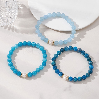 3Pcs Round Natural Blue Quartz & Dyed Quartz & Apatite & Pearl Beaded Stackable Stretch Bracelets Sets BJEW-JB12989-1