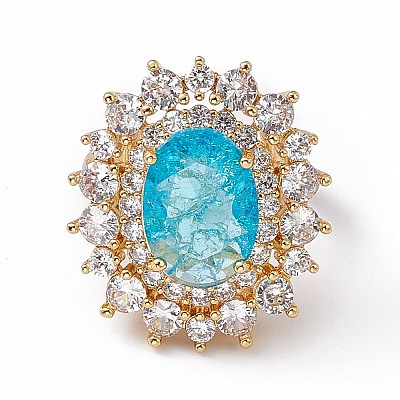 Deep Sky Blue Glass Oval Adjustable Ring with Cubic Zirconia RJEW-J017-VC498-1