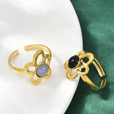316 Stainless Steel with Natural Mixed Gemstone Cuff Rings RJEW-Z098-01G-09-1