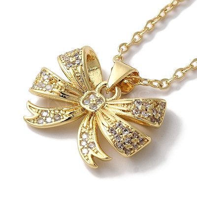 Brass Micro Pave Clear Cubic Zirconia Cable Chain Bowknot Pendant Necklaces for Women NJEW-C054-02A-G-1