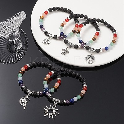 Natural Mixed Gemstone Round Beaded Stretch Bracelets with Alloy Charms BJEW-JB09403-1