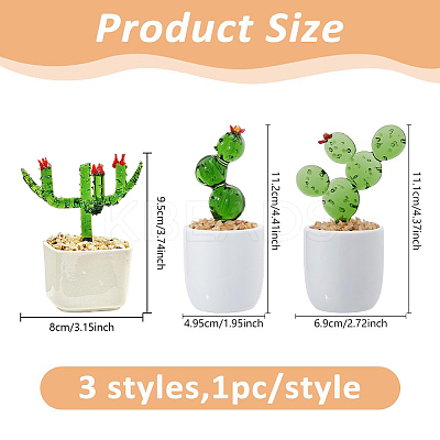 3Pcs 3 Styles Lampwork Cactus Display Decoration DJEW-DC0001-16B-1