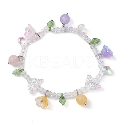 Dyed Natural Mixed Stone & Glass Beaded Stretch Bracelet with Flower Charms BJEW-JB10176-04-1