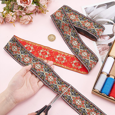 National Style Polyester Jacquard Flower Ribbon for Garment Accessories OCOR-WH0097-39A-1