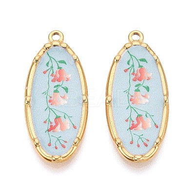 Printed Style 304 Stainless Steel Oval with Flower Pattern Pendants STAS-T071-27D-G-1