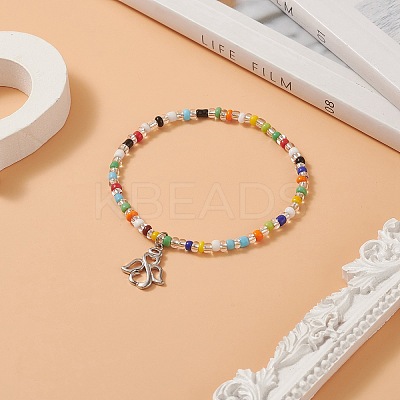 Colorful Seed Beaded Stretch Bracelet with Brass Charms for Women BJEW-JB09218-03-1
