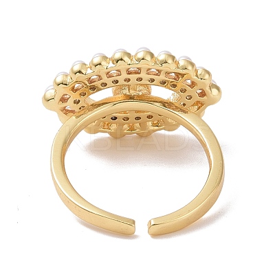 Clear Cubic Zirconia Horse Eye Open Cuff Ring with Acrylic Pearl Beaded RJEW-P032-13G-1