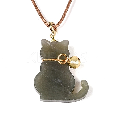 Natural Hetian Jade Cat Pendant Adjustable Cord Necklaces NJEW-N064-02-1