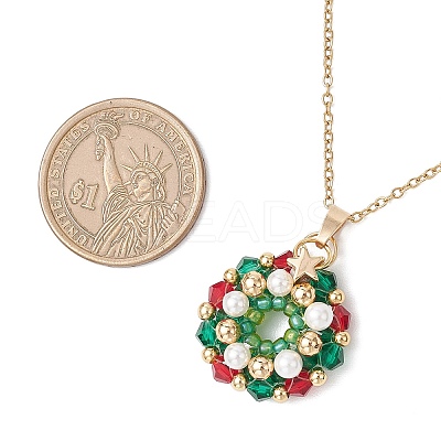 Glass Seed Beads & Shell Pearl Beaded Christmas Wreath Pendant 304 Stainless Steel Cable Chain Necklaces NJEW-MZ00121-1