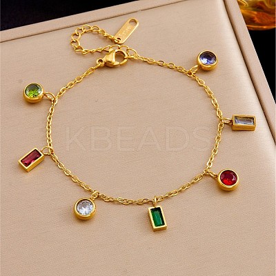 304 Stainless Steel Pave Colorful Cubic Zirconia Rectangle Flat Round Charm Bracelets for Women WG5257D-01-1