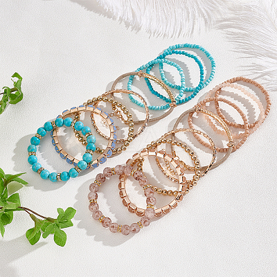 16Pcs 16 Style Crystal Rhinestone & Resin & Glass Seed Beaded Stretch Bracelets Set BJEW-AN0001-15-1