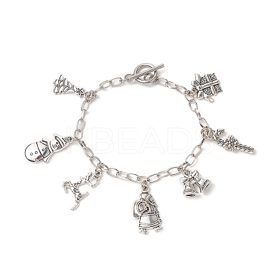 Christmas Tree & Snowman & Candy Cane & Gift Box Alloy Charm Bracelet BJEW-JB09300-1