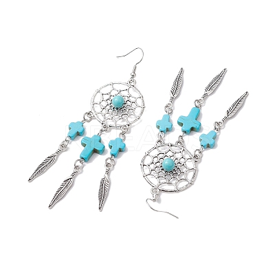 Cross Synthetic Turquoise Dangle Earrings EJEW-JE06330-01-1