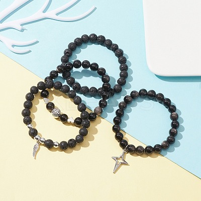 4Pcs 4 Style Natural Silver Obsidian & Lava Rock Stretch Bracelets Set BJEW-JB09480-1