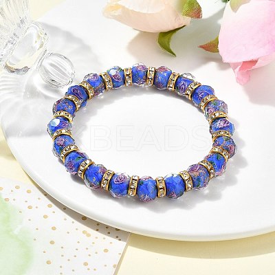 Faceted Rondelle Handmade Inner Flower Gold Sand Lampwork & Iron Beaded Stretch Bracelets for Women BJEW-SW001579-04-1