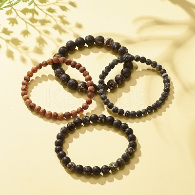 4Pcs 4 Size Natural Agate Round Beaded Stretch Bracelets Set BJEW-JB08196-1