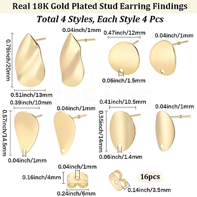 16Pcs 4 Styles Brass Stud Earring Findings KK-BBC0027-78-1