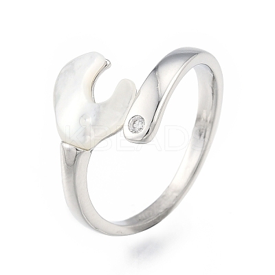 Natural Shell Heart Open Cuff Ring with Clear Cubic Zirconia RJEW-N039-09P-1
