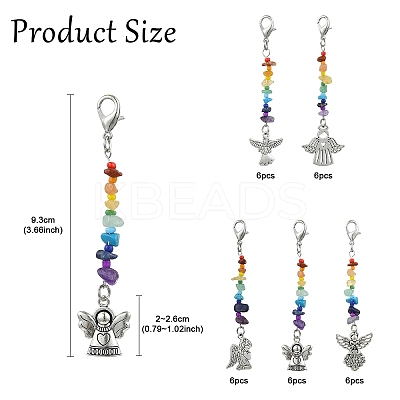 30Pcs 5 Styles Chakra Natural & Synthetic Gemstone Chips & Alloy Angel Pendant Decoration HJEW-YW00067-1