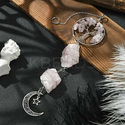Tree of Life Natural Rose Quartz Pendant Decorations HJEW-JM01855-01-1