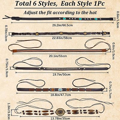 6Pcs 6 Styles Imitation Leather Southwestern Cowboy Hat Belt AJEW-CP0007-23-1