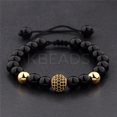 Round Natural Black Onyx(Dyed & Heated) & Brass Pave Cubic Zirconia Braided Bead Bracelets for Women Men QX9034-1-1