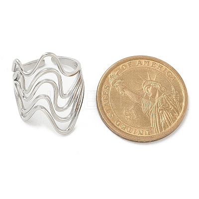 304 Stainless Steel Wave Open Cuff Ring for Women RJEW-M025-01P-1
