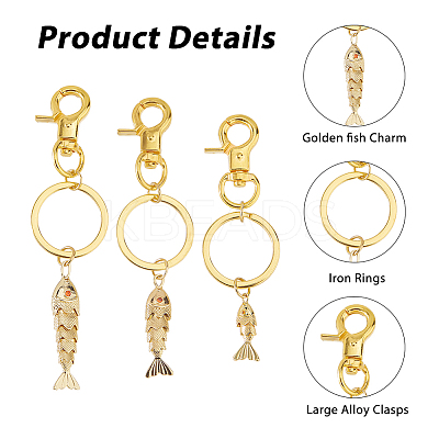 3Pcs Fish Brass Micro Pave Cubic Zirconia Keychains KEYC-HS00006-1