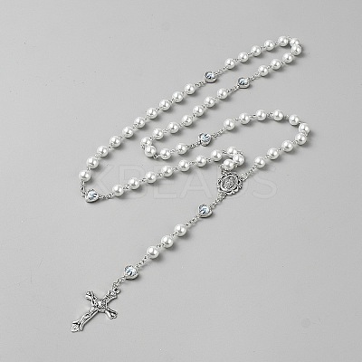 Jesus Cross Virgin Zinc Alloy Pendant Glass Pearl Round Rosary Bead Necklaces for Women Men NJEW-WH0022-21-1