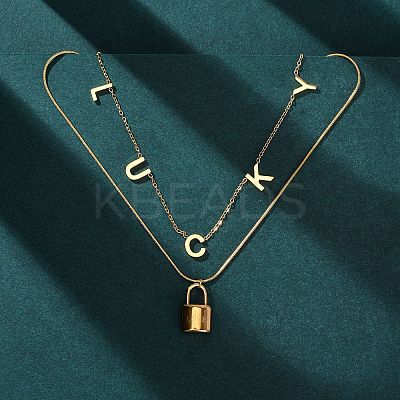 304 Stainless Steel Luck Lock Pendant Double Layer Necklaces for Women NJEW-F346-08G-1
