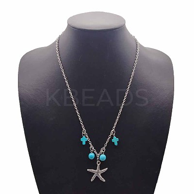Alloy Starfish Pendant Necklace with Cable Chains JN5194-1-1