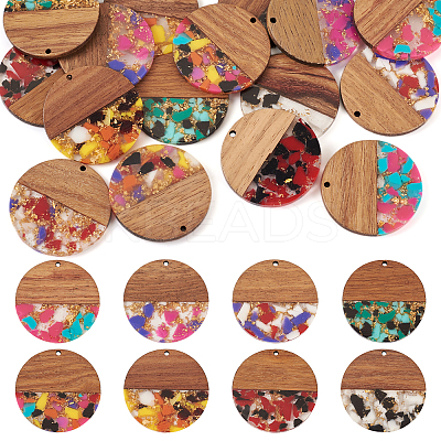 16Pcs 8 Colors Transparent Resin & Walnut Wood Pendants RESI-TA0002-10-1