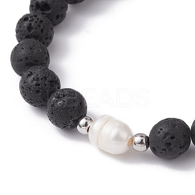 Dyed Natural Lava Rock & Pearl Beaded Strtch Bracelet BJEW-JB10053-01-1