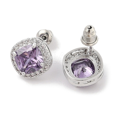 Brass Pave Cubic Zirconia Square Stud Earrings for Women EJEW-I304-21P-1