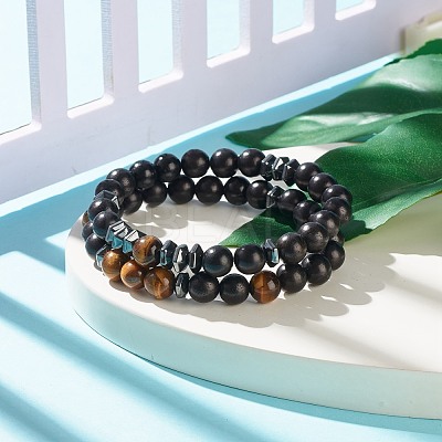 2Pcs 2 Style Natural Wood & Tiger Eye & Synthetic Hematite Stretch Bracelets Set BJEW-JB07940-1