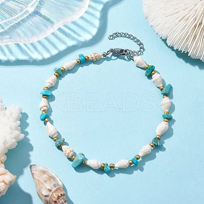 Synthetic Turquoise Chips & Natural Trumpet Shell Beaded Anklets AJEW-AN00585-1