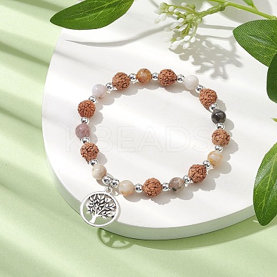 Round Natural Bamboo Leaf Agate & Electroplated Synthetic Non-magnetic Hematite & Natural Rudraksha Beaded Stretch Bracelets BJEW-JB10661-1