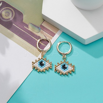 Japanese Seed Braided Rhombus with Evil Eye Dangle Hoop Earrings EJEW-MZ00002-02-1