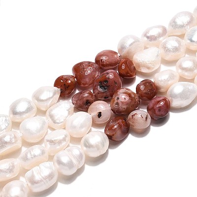 Natural Red Agate Nuggets & Natural Cultured Freshwater Pearl Beads Strands PEAR-N023-01A-02-1