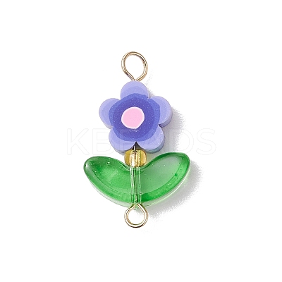 5Pcs 5 Colors Handmade Polymer Clay Flower Connector Charms with Glass Leaf PALLOY-MZ00803-01-1
