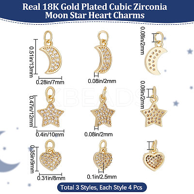 12Pcs 3 Style Brass Micro Pave Clear Cubic Zirconia Charms KK-BBC0007-24-1