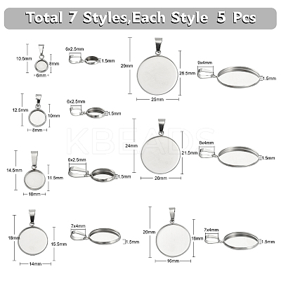 35Pcs 7 Styles 304 Stainless Steel Pendant Cabonchon Settings STAS-CJ0002-16-1