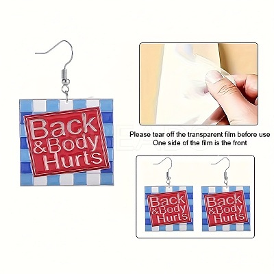 Square with Word Back & Body Hurts Acrylic Dangle Earrings FS-WGDBEE3-01-1