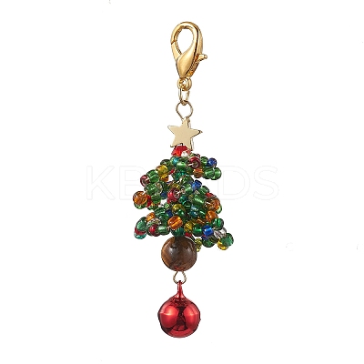 Christmas Tree Glass Seed Beads & Natural Tiger Eye Pendant Decorations HJEW-MZ00075-02-1