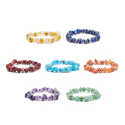 7Pcs 7 Style Natural & Synthetic Mixed Gemstone Chips & Lampwork Evil Eye Stretch Bracelets Set for Women BJEW-JB08746-1