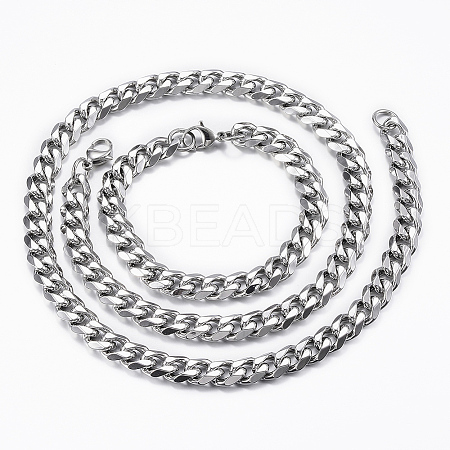 201 Stainless Steel Curb Chain Necklaces & Bracelets Sets SJEW-L186-02P-A-1