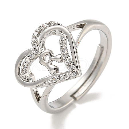 Heart with Letter Rack Plating Brass Micro Pave Clear Cubic Zirconia Adjustable Rings for Women RJEW-I105-01P-R-1