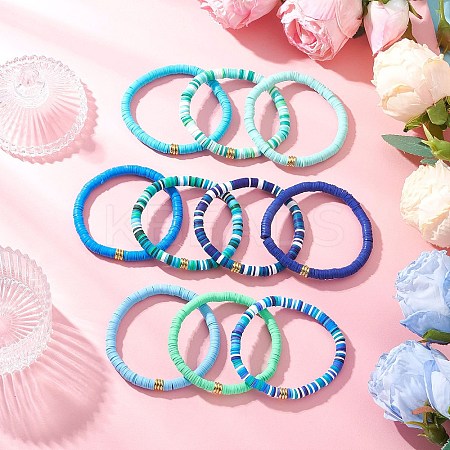 10Pcs 10 Colors Handmade Polymer Clay Heishi & Brass Bead Stretch Bracelets for Women BJEW-MZ00198-1