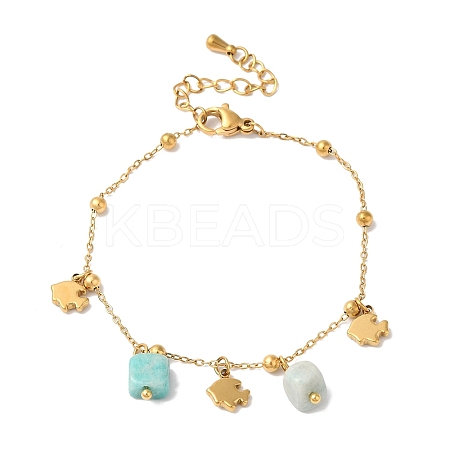 Summer Beach Nuggets Natural Amazonite & Ion Plating(IP) 304 Stainless Steel Charm Bracelets for Women Men BJEW-P326-05F-G-1